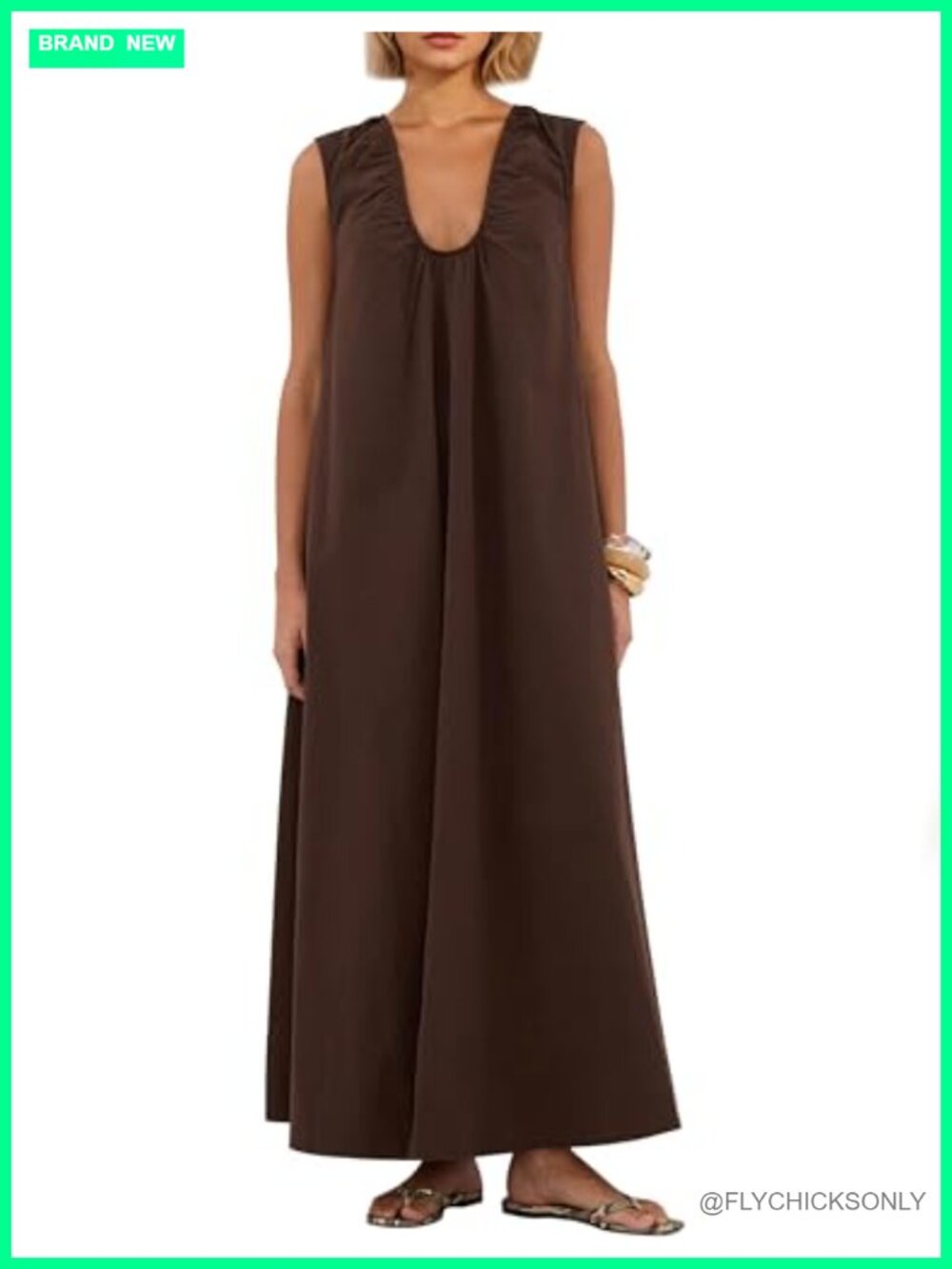 Women Sleeveless Ruched Maxi Dress Scoop Neck Cotton Long Elegant with Pockets